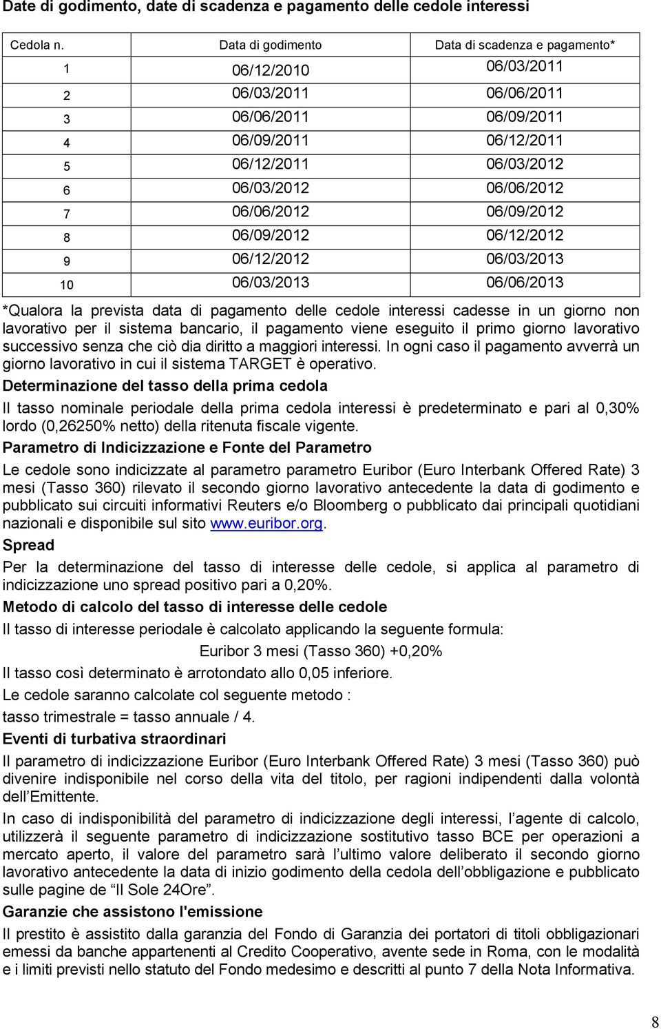 06/06/2012 06/09/2012 8 06/09/2012 06/12/2012 9 06/12/2012 06/03/2013 10 06/03/2013 06/06/2013 *Qualora la prevista data di pagamento delle cedole interessi cadesse in un giorno non lavorativo per il