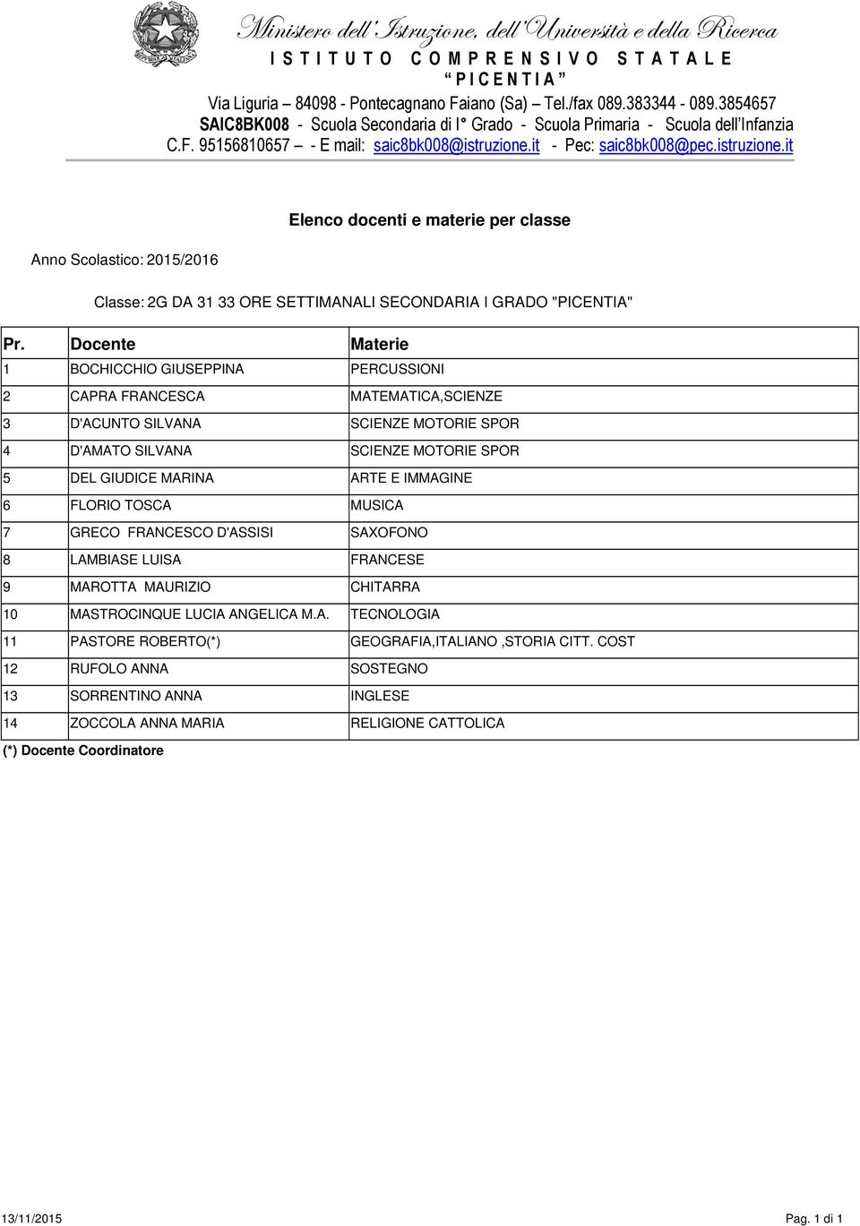 D'ASSISI SAXOFONO 8 LAMBIASE LUISA FRANCESE 9 MAROTTA MAURIZIO CHITARRA 10 MASTROCINQUE LUCIA ANGELICA M.A. TECNOLOGIA 11 PASTORE ROBERTO(*) GEOGRAFIA,ITALIANO,STORIA CITT.