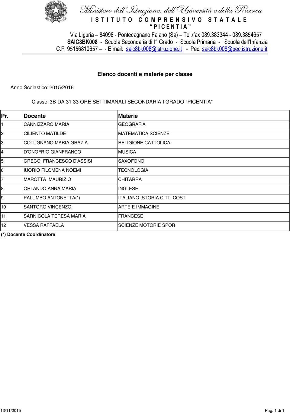 SAXOFONO 6 IUORIO FILOMENA NOEMI TECNOLOGIA 7 MAROTTA MAURIZIO CHITARRA 8 ORLANDO ANNA MARIA INGLESE 9 PALUMBO ANTONETTA(*)