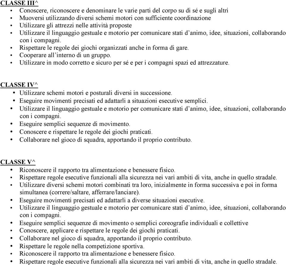 Cooperare all interno di un gruppo. Utilizzare in modo corretto e sicuro per sé e per i compagni spazi ed attrezzature. Utilizzare schemi motori e posturali diversi in successione.