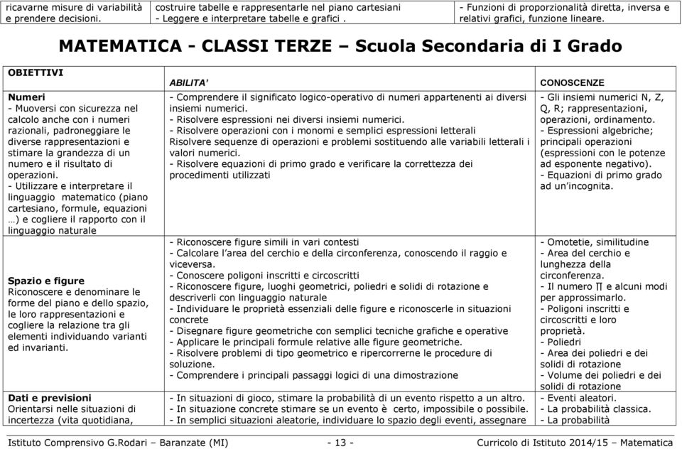 MATEMATICA - CLASSI TERZE Scuola Secondaria di I Grado OBIETTIVI - Muoversi con sicurezza nel calcolo anche con i numeri razionali, padroneggiare le diverse rappresentazioni e stimare la grandezza di