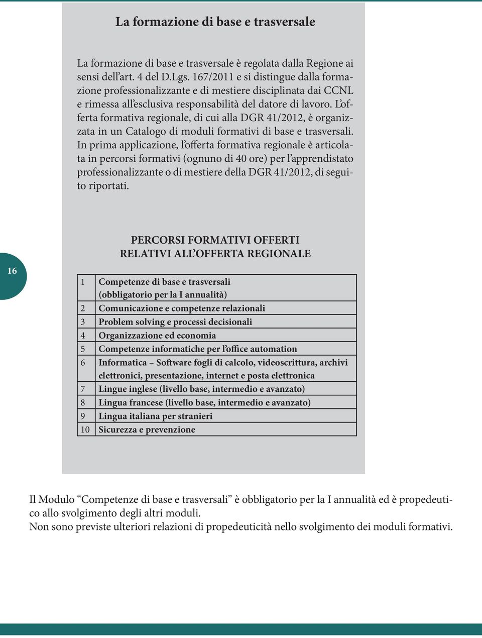 L offerta formativa regionale, di cui alla DGR 41/2012, è organizzata in un Catalogo di moduli formativi di base e trasversali.