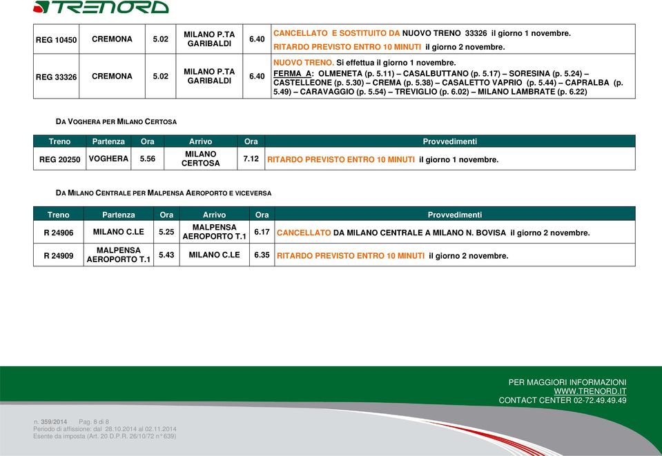 5.54) TREVIGLIO (p. 6.02) LAMBRATE (p. 6.22) DA VOGHERA PER CERTOSA REG 20250 VOGHERA 5.56 CERTOSA 7.12 RITARDO PREVISTO ENTRO 10 MINUTI il giorno 1 novembre.