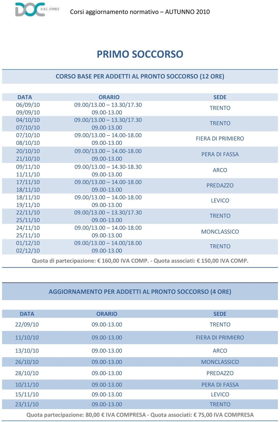 30 11/11/10 ARCO 17/11/10 18/11/10 PREDAZZO 18/11/10 19/11/10 LEVICO 22/11/10 09.00/13.00 13.30/17.