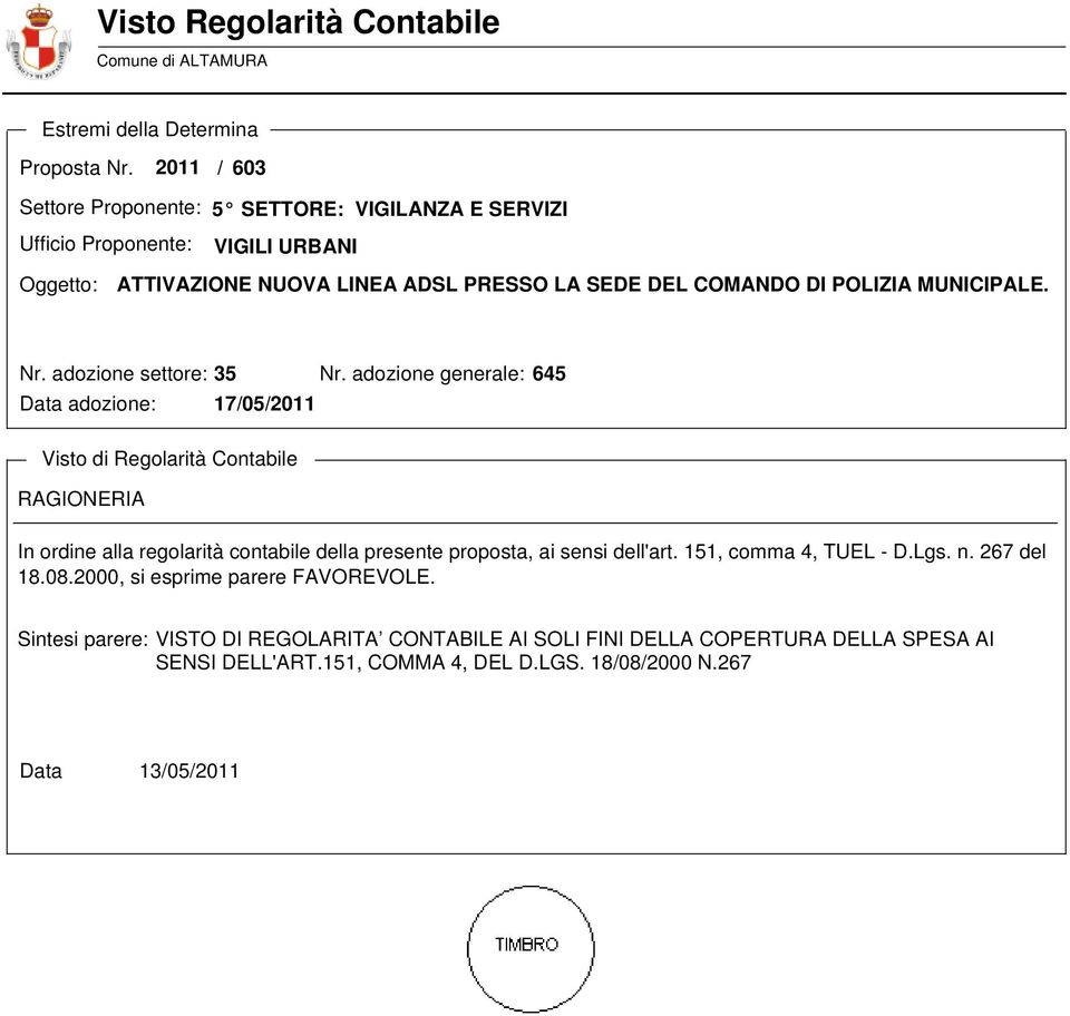 MUNICIPALE. Nr. adozione settore: 35 Data adozione: 17/05/2011 Nr.