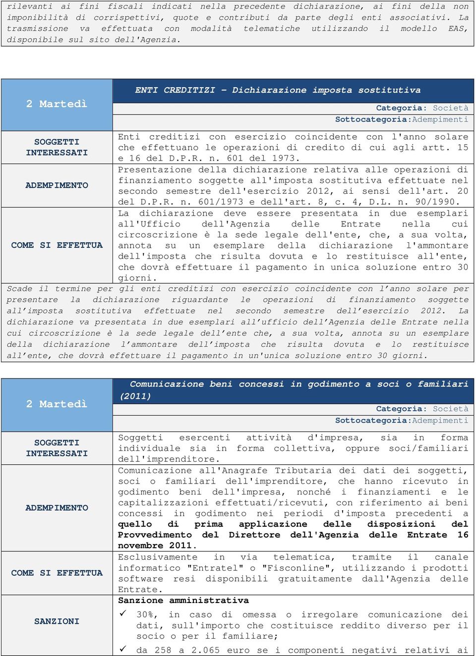 2 Martedì COME SI EFFETTUA ENTI CREDITIZI - Dichiarazione imposta sostitutiva Categoria: Società Sottocategoria:Adempimenti Enti creditizi con esercizio coincidente con l'anno solare che effettuano