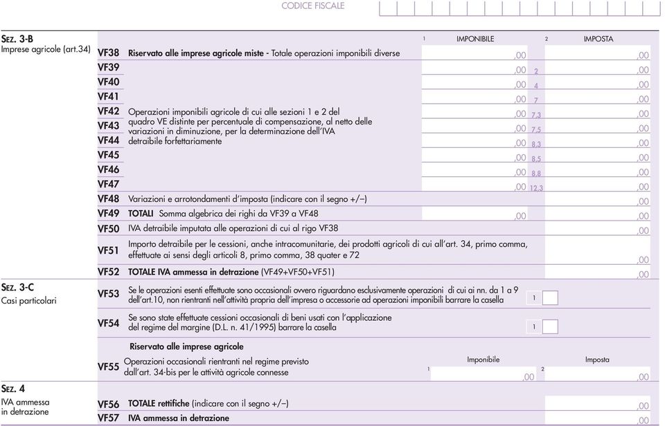 4 7 Operazioni imponibili agricole di cui alle sezioni e 2 del 7,3 quadro VE distinte per percentuale di compensazione, al netto delle variazioni in diminuzione, per la determinazione dell IVA 7,5