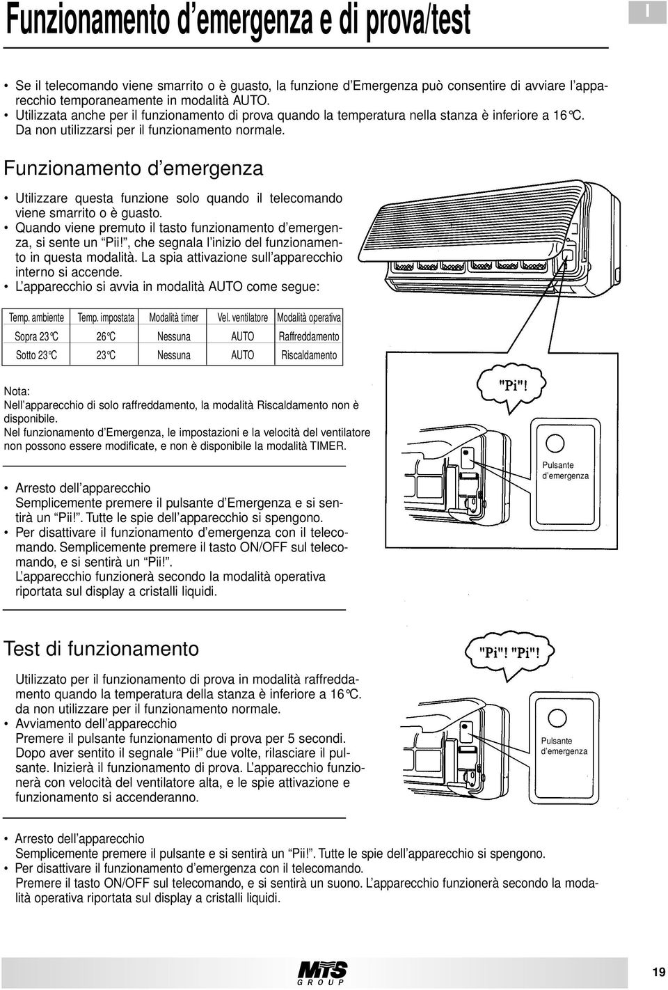 Funzionamento d emergenza Utilizzare questa funzione solo quando il telecomando viene smarrito o è guasto. Quando viene premuto il tasto funzionamento d emergenza, si sente un Pii!