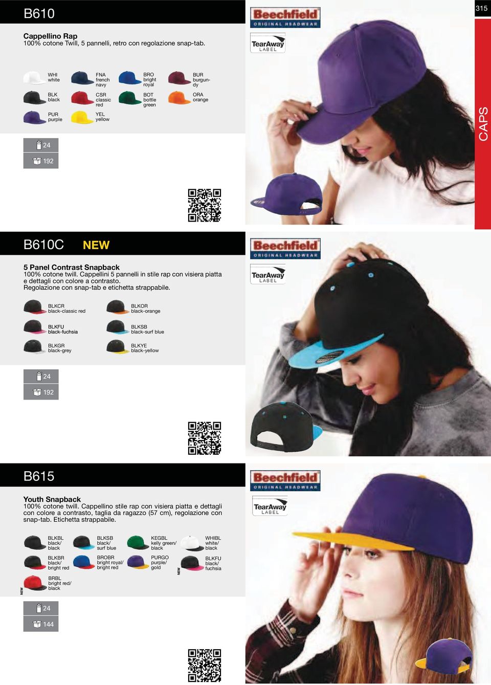 Cappellini 5 pannelli in stile rap con visiera piatta e dettagli con colore a contrasto. Regolazione con snap-tab e etichetta strappabile.