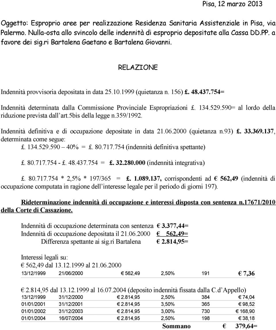 754= Indennità determinata dalla Commissione Provinciale Espropriazioni. 134.529.590= al lordo della riduzione prevista dall art.5bis della legge n.359/1992.