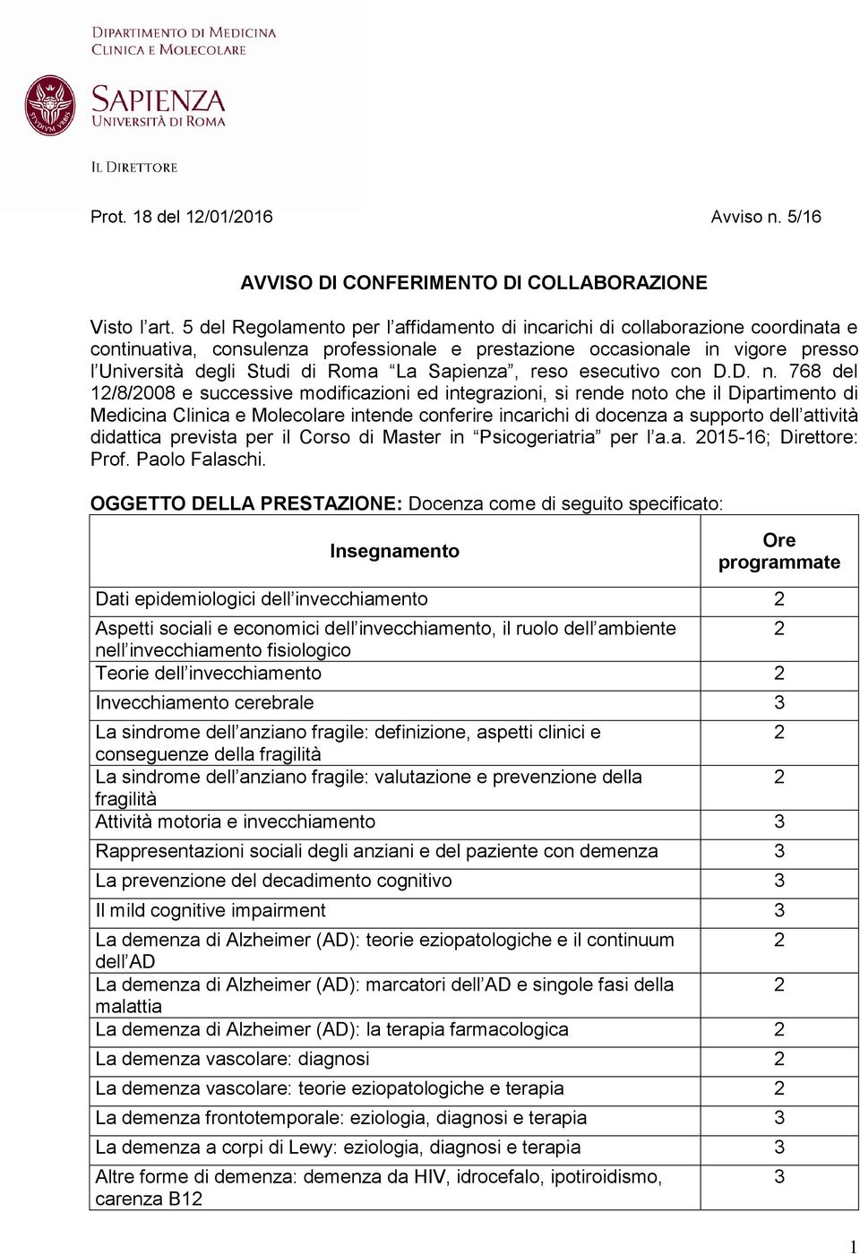 Sapienza, reso esecutivo con D.D. n.