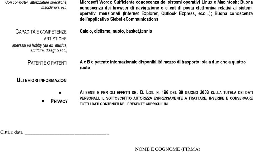 operativi menzionati (Internet Explorer, Outlook Express, ecc ); Buona conoscenza dell applicativo Siebel ecommunications Calcio, ciclismo, nuoto, basket,tennis A e B e patente internazionale