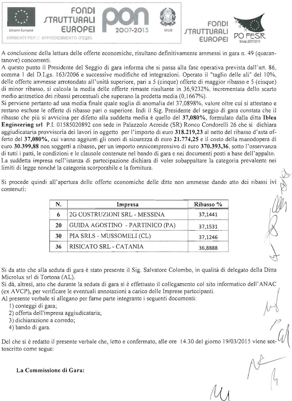 A questo punto il Presidente del Seggio di gara informa che si passa alla fase operativa prevista dall'art. 86, comma i del D.Lgs. 163/2006 e successive modifiche ed integrazioni.