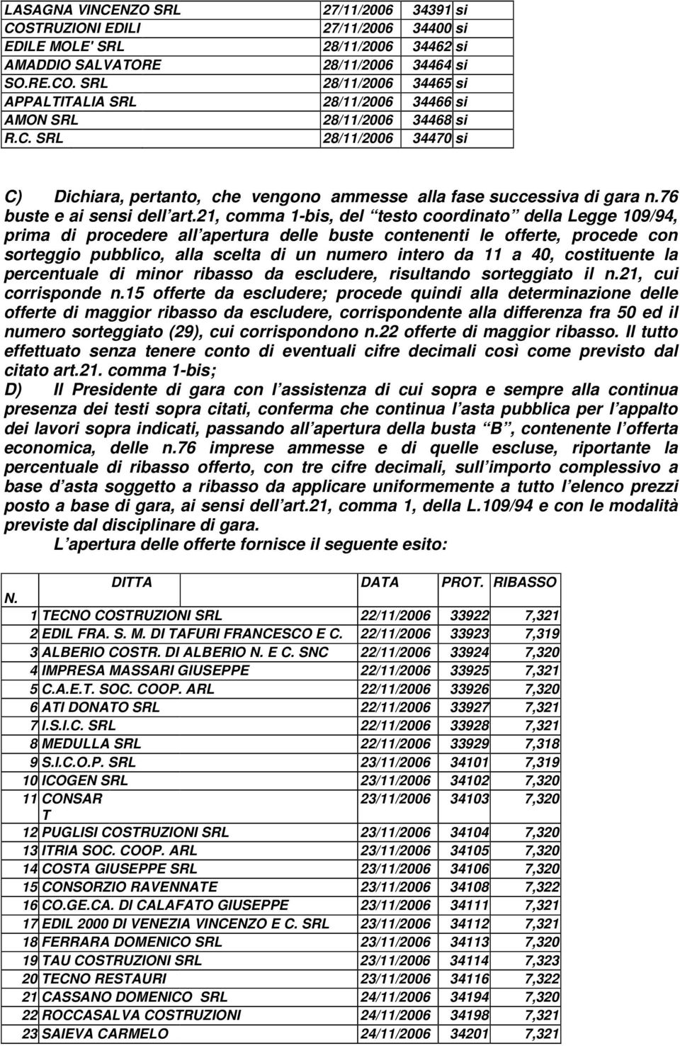 21, comma 1-bis, del testo coordinato della Legge 109/94, prima di procedere all apertura delle buste contenenti le offerte, procede con sorteggio pubblico, alla scelta di un numero intero da 11 a