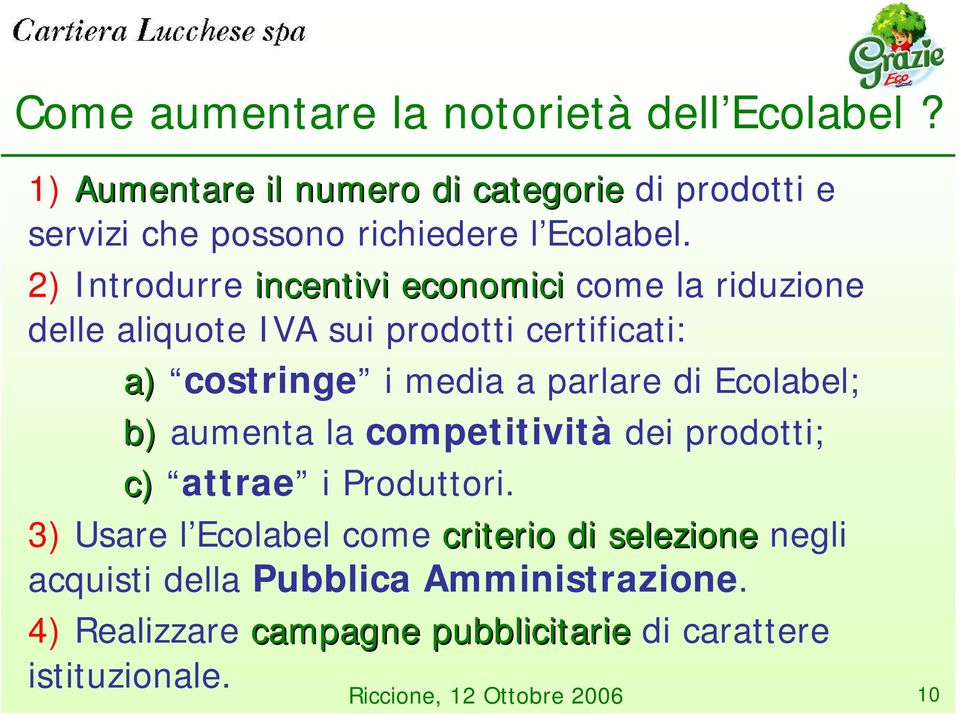 2) Introdurre incentivi economici come la riduzione delle aliquote IVA sui prodotti certificati: a) costringe i media a parlare di