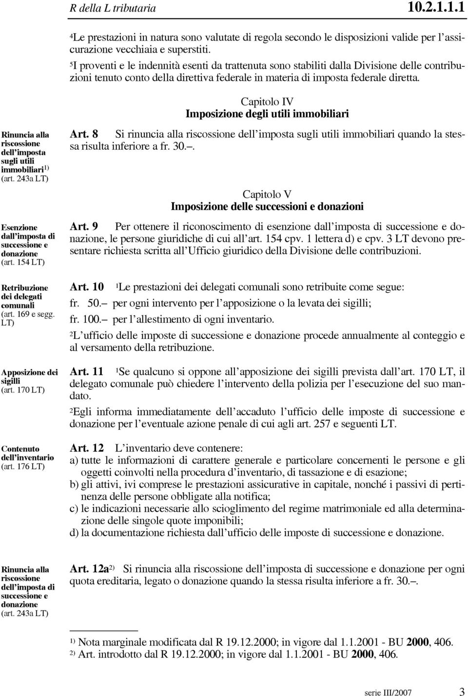 Rinuncia alla riscossione dell imposta sugli utili immobiliari 1) (art. 243a LT) Esenzione dall imposta di successione e donazione (art. 154 LT) Retribuzione dei delegati comunali (art. 169 e segg.