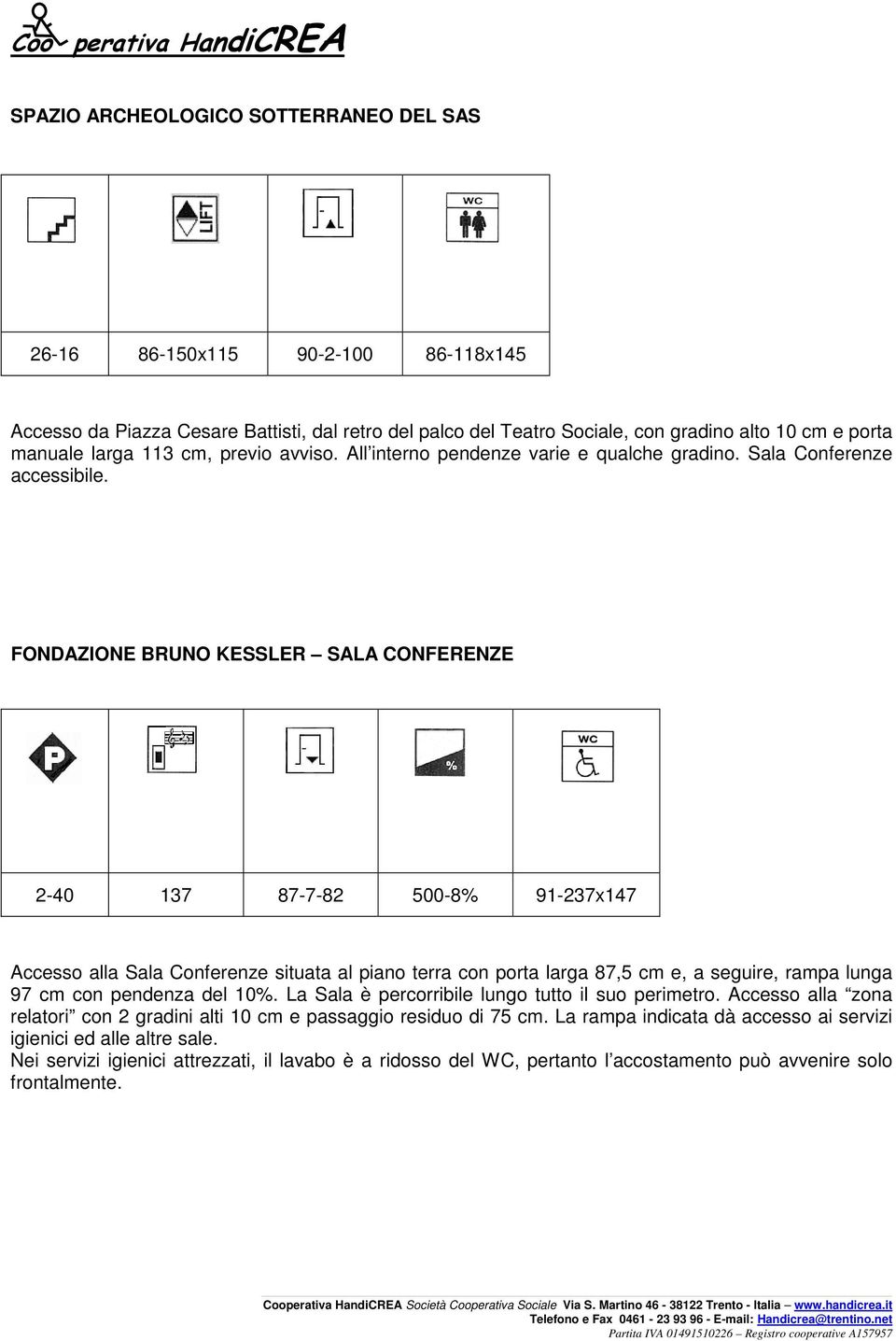 FONDAZIONE BRUNO KESSLER SALA CONFERENZE 2-40 137 87-7-82 500-8% 91-237x147 Accesso alla Sala Conferenze situata al piano terra con porta larga 87,5 cm e, a seguire, rampa lunga 97 cm con pendenza