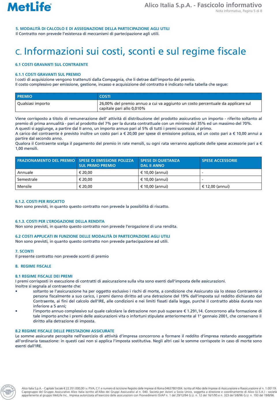 Il costo complessivo per emissione, gestione, incasso e acquisizione del contratto è indicato nella tabella che segue: PREMIO Qualsiasi importo COSTI 26,00% del premio annuo a cui va aggiunto un