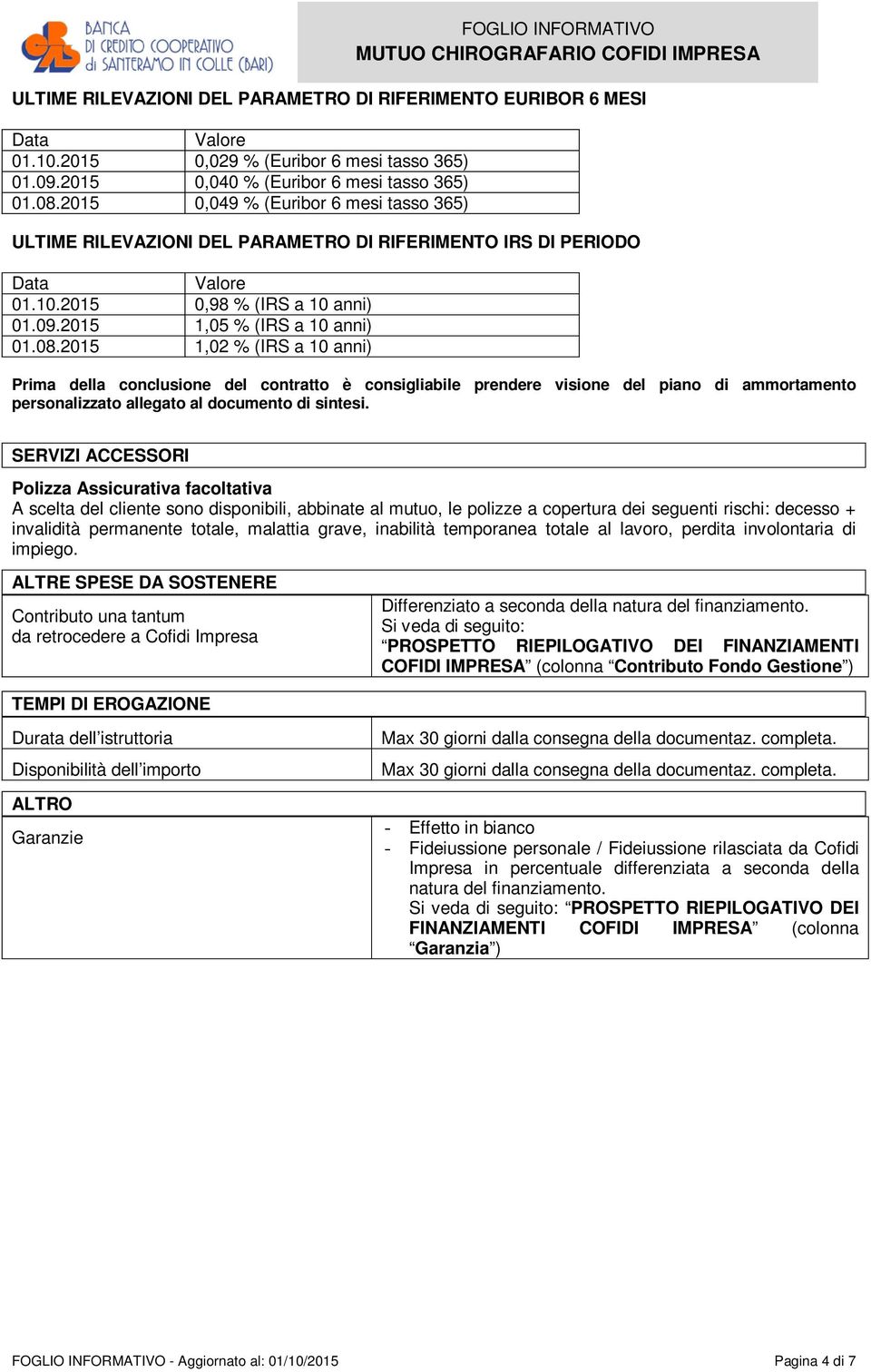 2015 1,02 % (IRS a 10 anni) della conclusione del contratto è consigliabile prendere visione del piano di ammortamento personalizzato allegato al documento di sintesi.