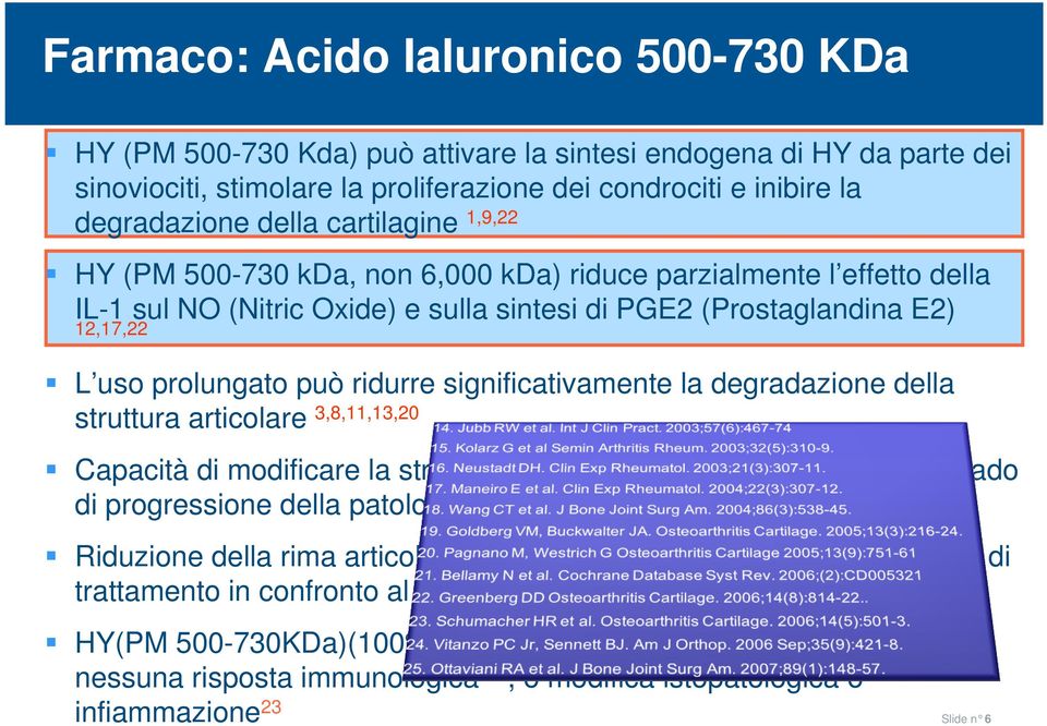 significativamente la degradazione della struttura articolare 3,8,11,13,20 Capacità di modificare la struttura dell articolazione danneggiata e il grado di progressione della patologia osteoartrosica