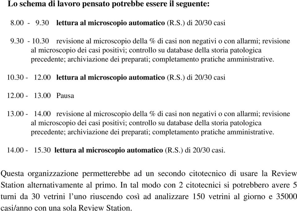 preparati; completamento pratiche amministrative. 10.30-12.00 lettura al microscopio automatico (R.S.) di 20/30 casi 12.00-13.00 Pausa 13.00-14.