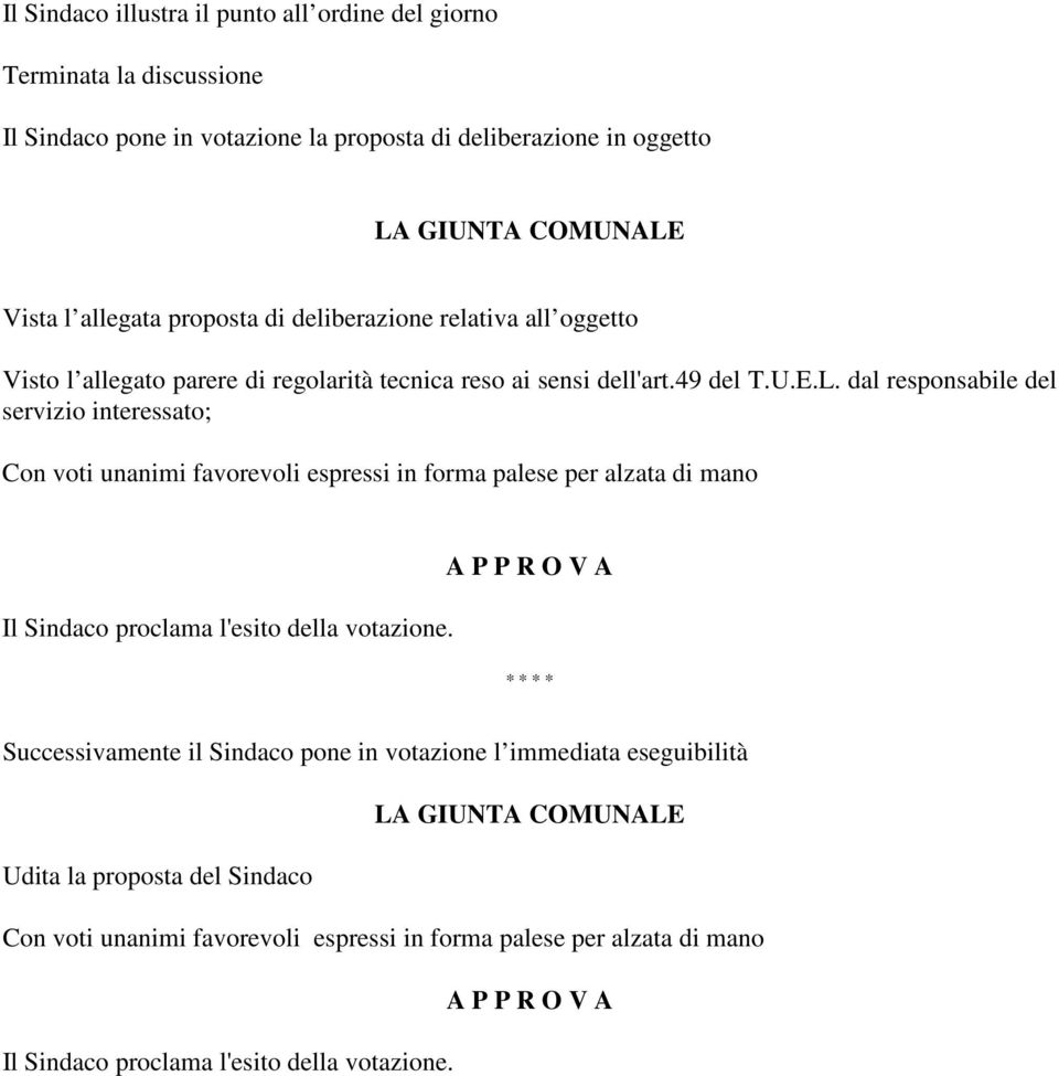 dal responsabile del servizio interessato; Con voti unanimi favorevoli espressi in forma palese per alzata di mano Il Sindaco proclama l'esito della votazione.