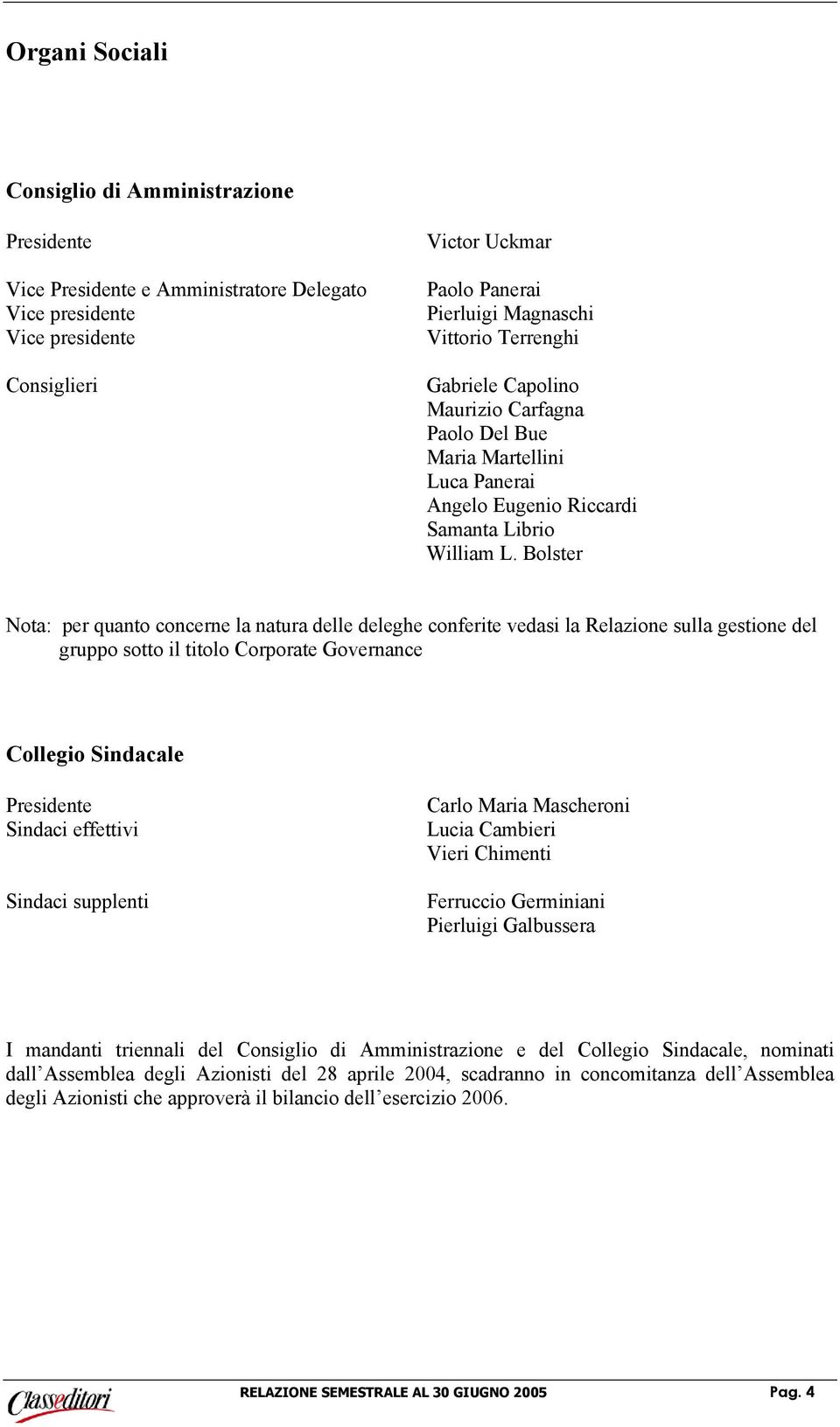 Bolster Nota: per quanto concerne la natura delle deleghe conferite vedasi la Relazione sulla gestione del gruppo sotto il titolo Corporate Governance Collegio Sindacale Presidente Sindaci effettivi