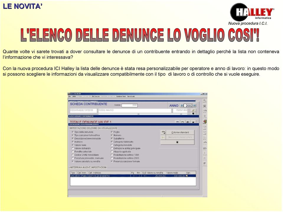 Con la nuova procedura ICI Halley la lista delle denunce è stata resa personalizzabile per operatore e anno
