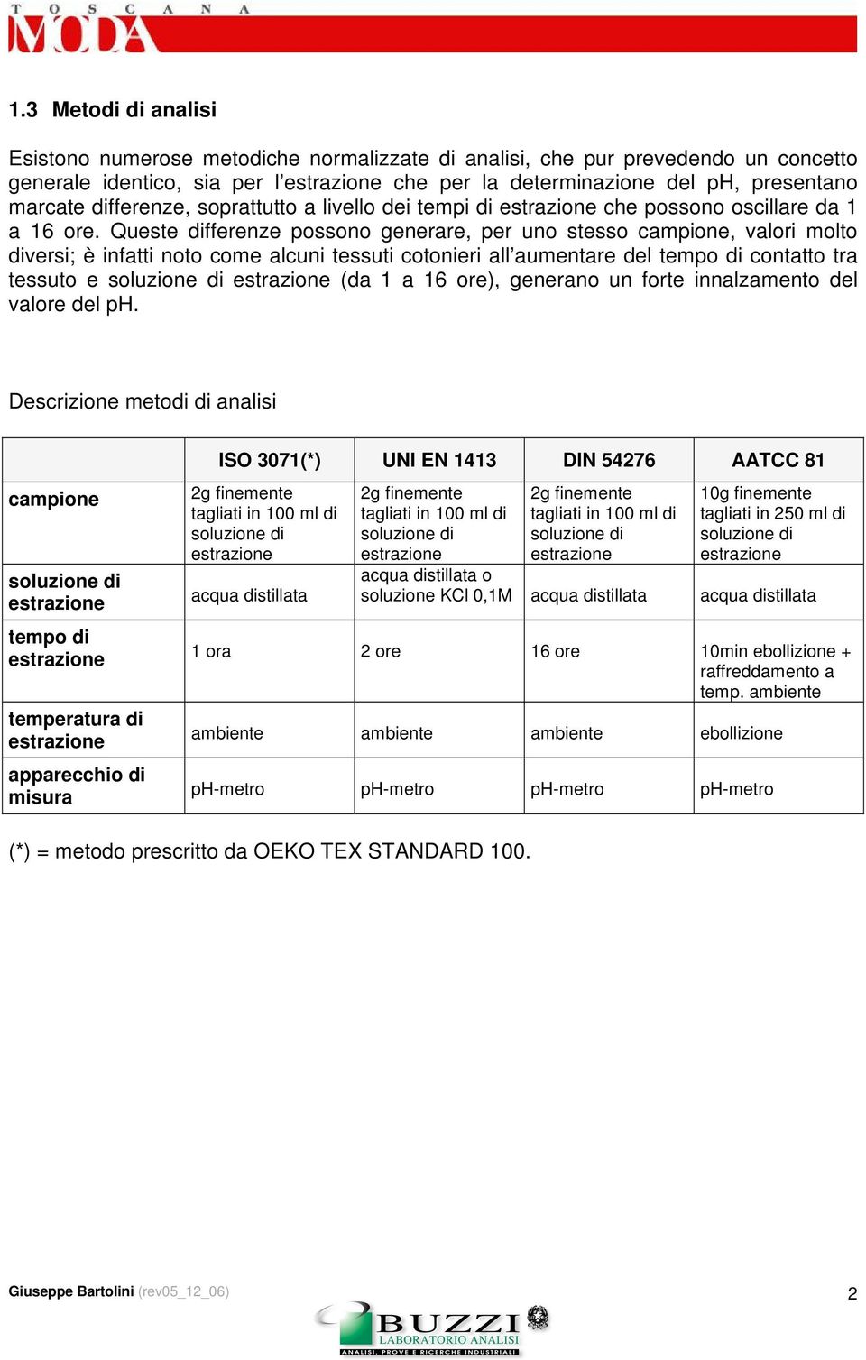 Queste differenze possono generare, per uno stesso campione, valori molto diversi; è infatti noto come alcuni tessuti cotonieri all aumentare del tempo di contatto tra tessuto e soluzione di