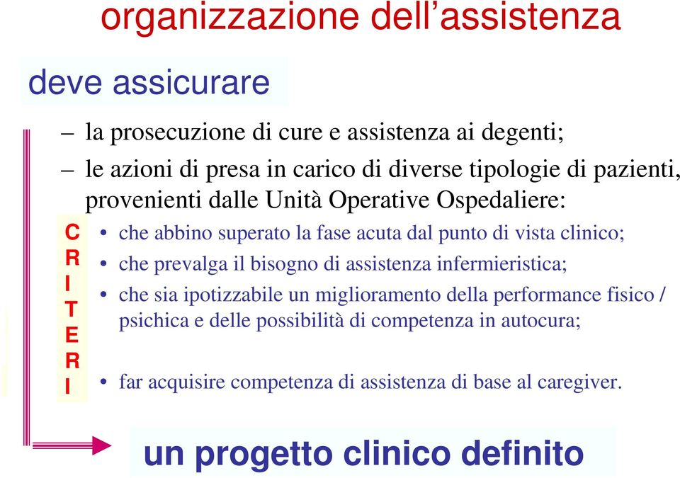 clinico; che prevalga il bisogno di assistenza infermieristica; che sia ipotizzabile un miglioramento della performance fisico /