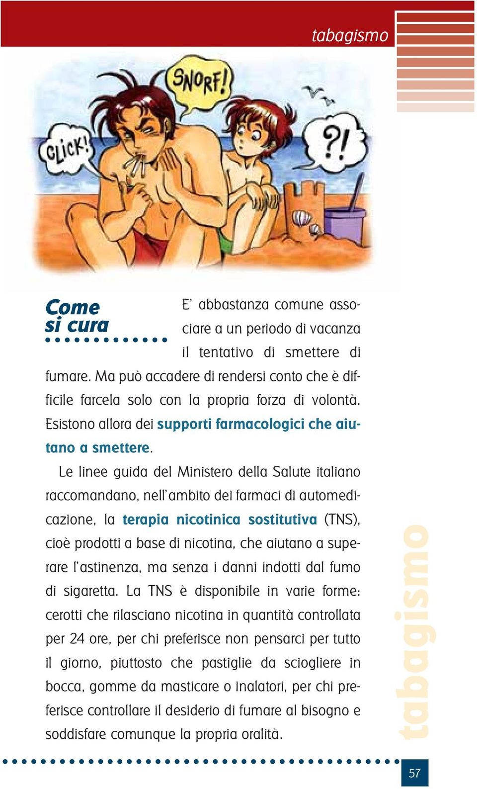 Le linee guida del Ministero della Salute italiano raccomandano, nell ambito dei farmaci di automedicazione, la terapia nicotinica sostitutiva (TNS), cioè prodotti a base di nicotina, che aiutano a