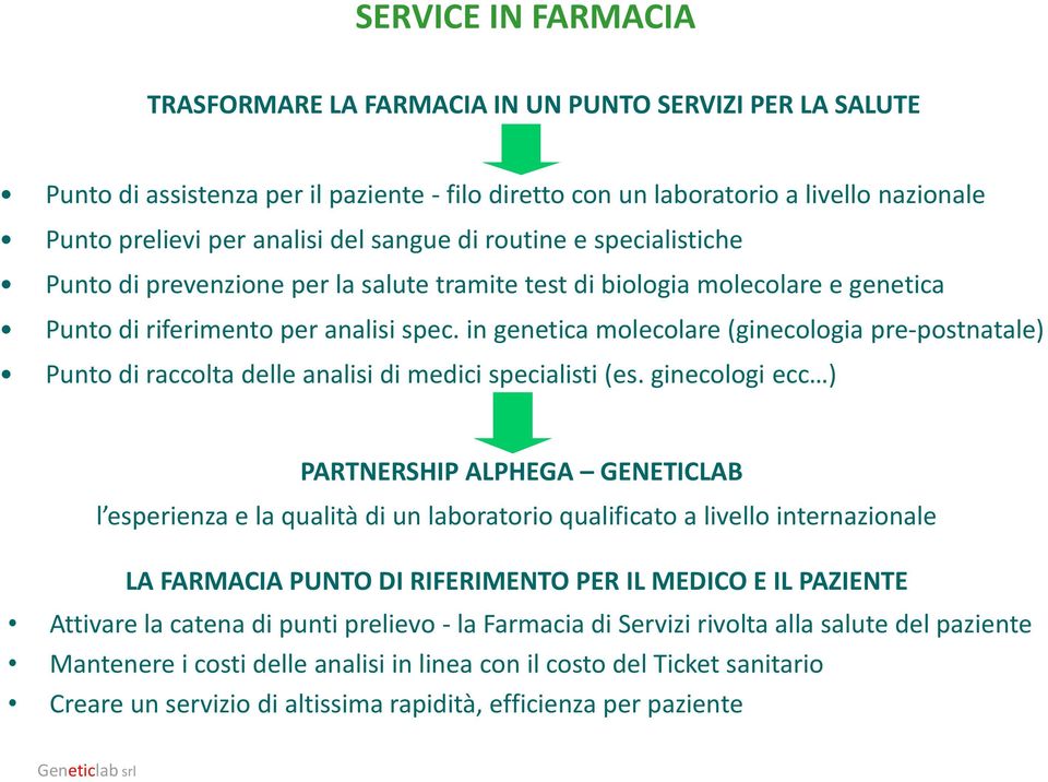 in genetica molecolare (ginecologia pre-postnatale) Punto di raccolta delle analisi di medici specialisti (es.