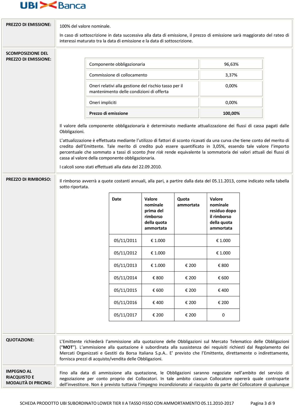 Componente obbligazionaria 96,63% Commissione di collocamento 3,37% Oneri relativi alla gestione del rischio tasso per il mantenimento delle condizioni di offerta 0,00% Oneri impliciti 0,00% Prezzo