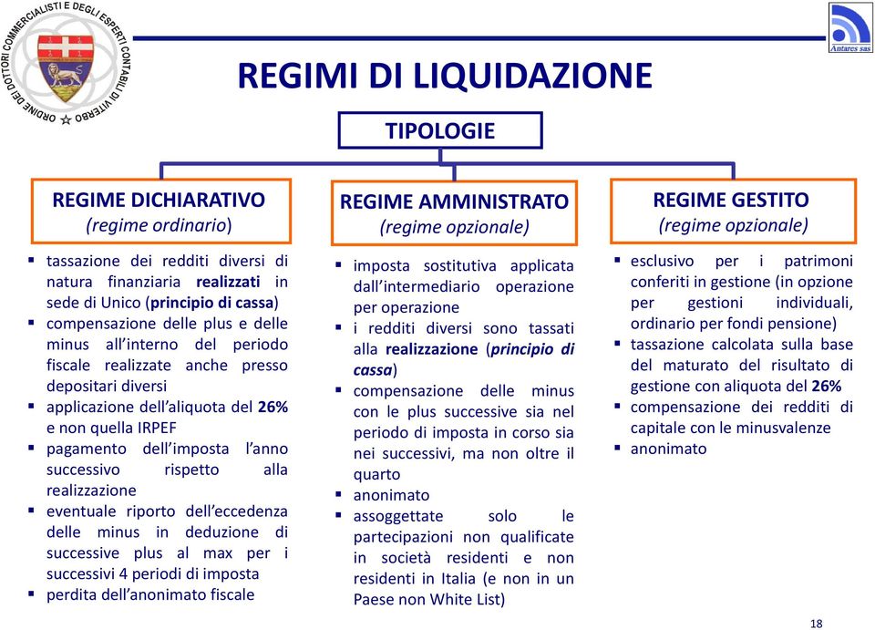 realizzazione eventuale riporto dell eccedenza delle minus in deduzione di successive plus al max per i successivi 4 periodi di imposta perdita dell anonimato fiscale REGIME AMMINISTRATO (regime