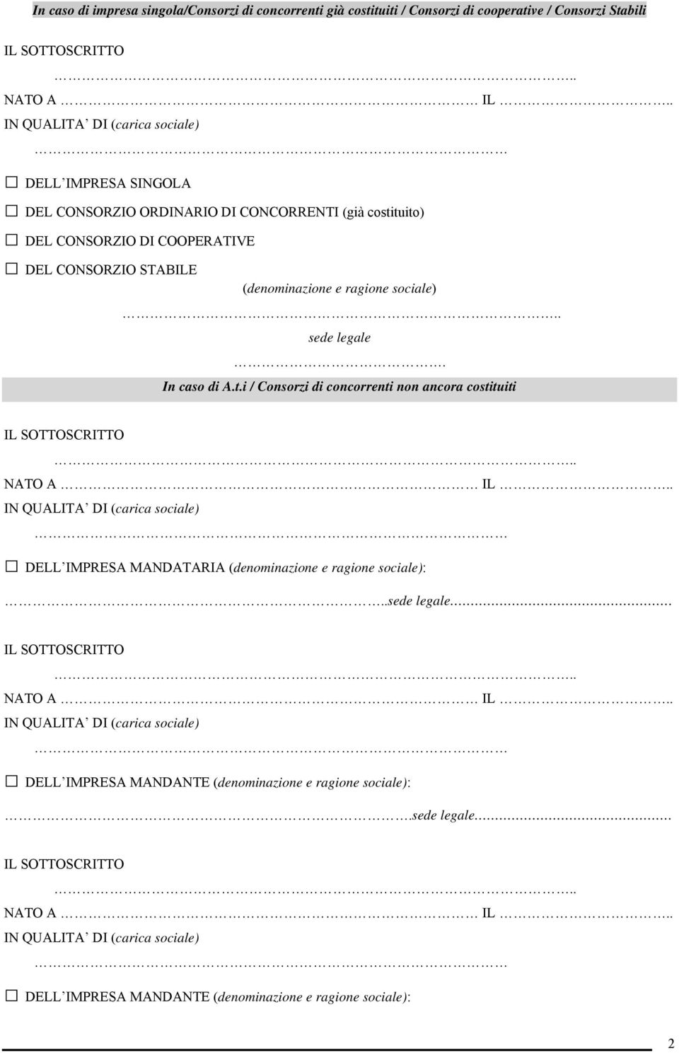 . sede legale. In caso di A.t.i / Consorzi di concorrenti non ancora costituiti IL SOTTOSCRITTO.. NATO A IL.. IN QUALITA DI (carica sociale) DELL IMPRESA MANDATARIA (denominazione e ragione sociale):.