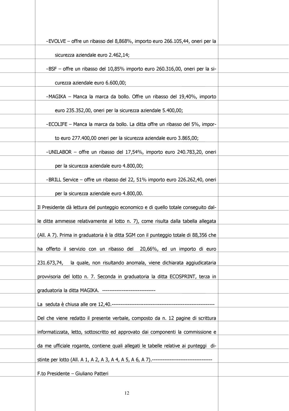 400,00; - ECOLIFE Manca la marca da bollo. La ditta offre un ribasso del 5%, importo euro 277.400,00 oneri per la sicurezza aziendale euro 3.