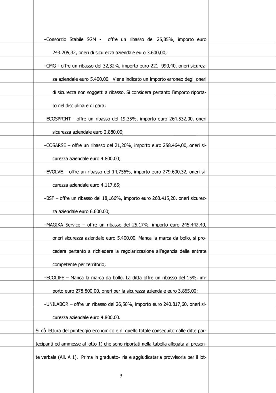 Si considera pertanto l importo riportato nel disciplinare di gara; - ECOSPRINT- offre un ribasso del 19,35%, importo euro 264.532,00, oneri sicurezza aziendale euro 2.