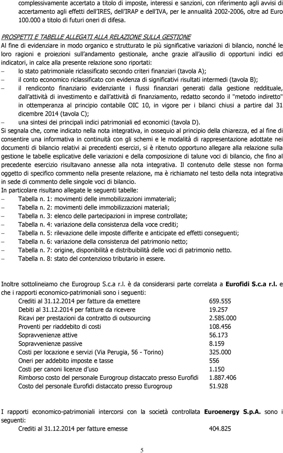 PROSPETTI E TABELLE ALLEGATI ALLA RELAZIONE SULLA GESTIONE Al fine di evidenziare in modo organico e strutturato le più significative variazioni di bilancio, nonché le loro ragioni e proiezioni sull