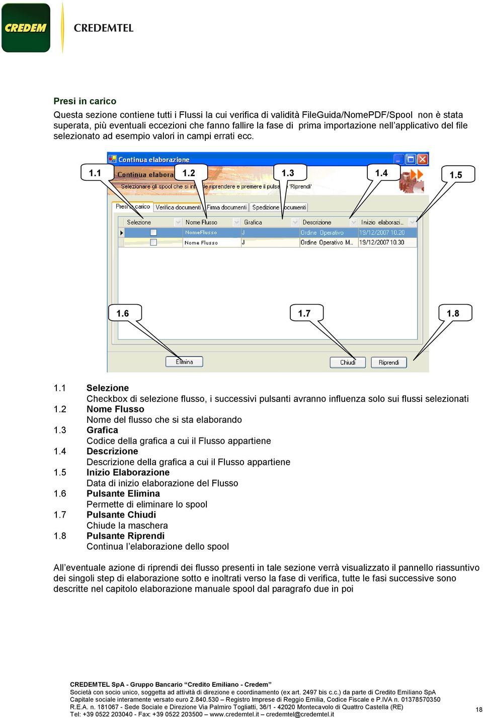 1 Selezione Checkbox di selezione flusso, i successivi pulsanti avranno influenza solo sui flussi selezionati 1.2 Nome Flusso Nome del flusso che si sta elaborando 1.