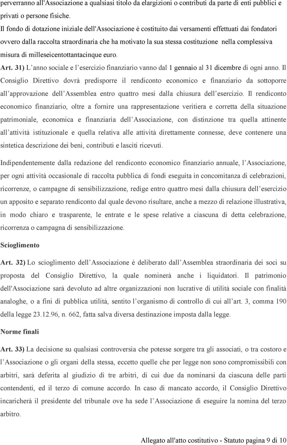 misura di milleseicentottantacinque euro. Art. 31) L anno sociale e l esercizio finanziario vanno dal 1 gennaio al 31 dicembre di ogni anno.