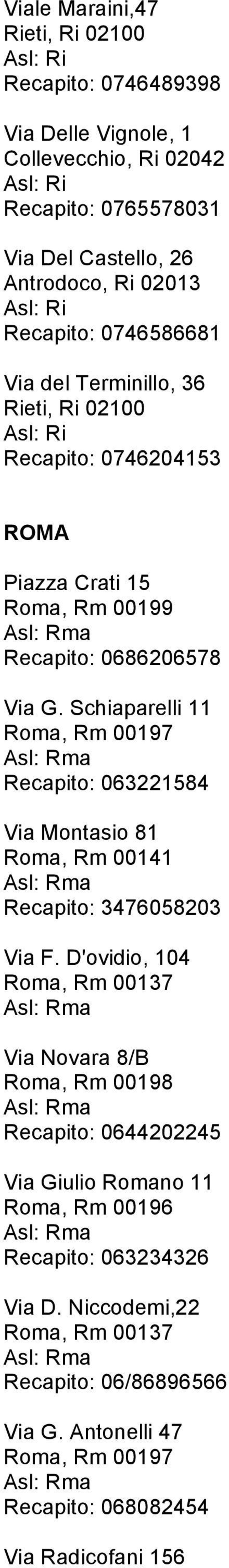 Schiaparelli 11 Roma, Rm 00197 Recapito: 063221584 Via Montasio 81 Roma, Rm 00141 Recapito: 3476058203 Via F.