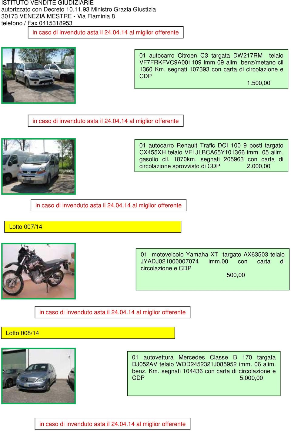 14 al miglior offerente 01 autocarro Renault Trafic DCI 100 9 posti targato CX455XH telaio VF1JLBCA65Y101366 imm. 05 alim. gasolio cil. 1870km.