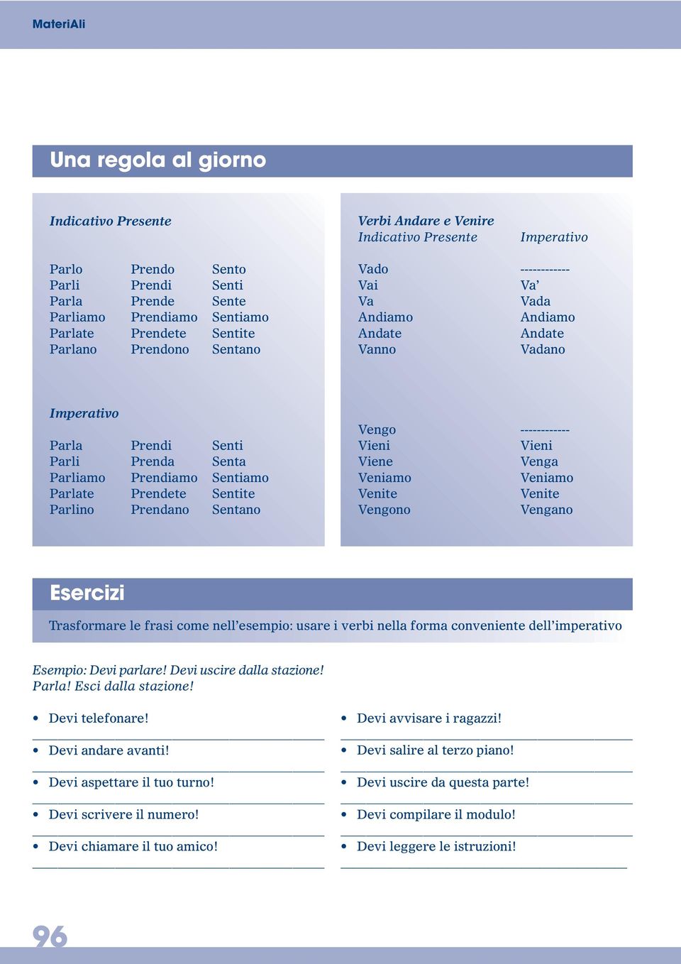 Parlate Prendete Sentite Parlino Prendano Sentano Vengo ------------ Vieni Vieni Viene Venga Veniamo Veniamo Venite Venite Vengono Vengano Esercizi Trasformare le frasi come nell esempio: usare i