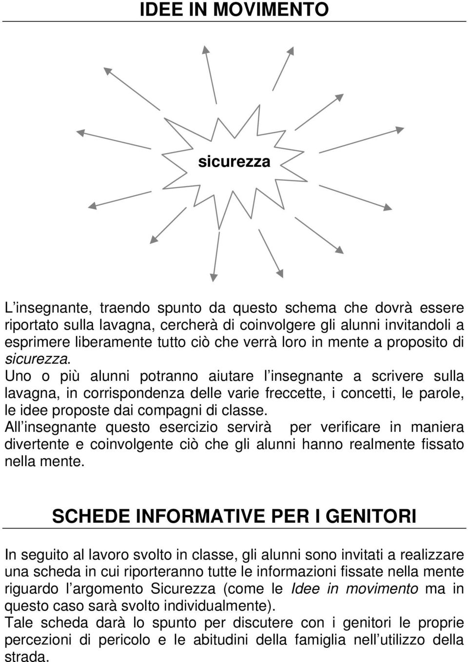 Uno o più alunni potranno aiutare l insegnante a scrivere sulla lavagna, in corrispondenza delle varie freccette, i concetti, le parole, le idee proposte dai compagni di classe.