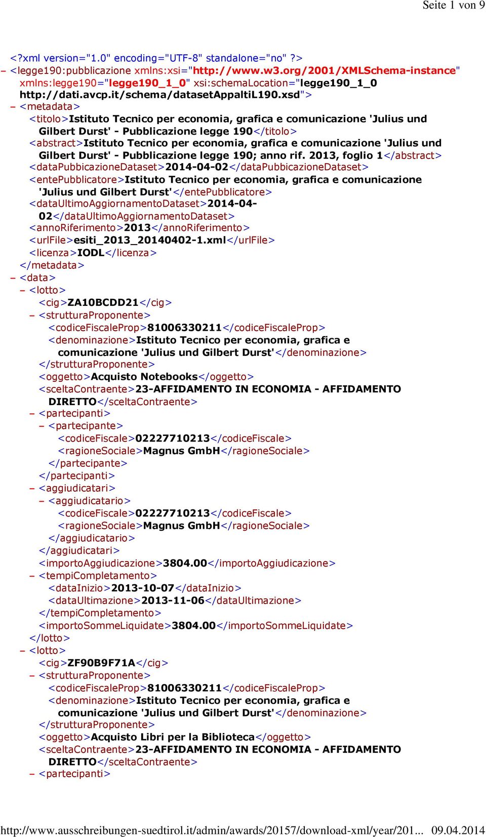 xsd"> - <metadata> <titolo>istituto Tecnico per economia, grafica e comunicazione 'Julius und Gilbert Durst' - Pubblicazione legge 190</titolo> <abstract>istituto Tecnico per economia, grafica e