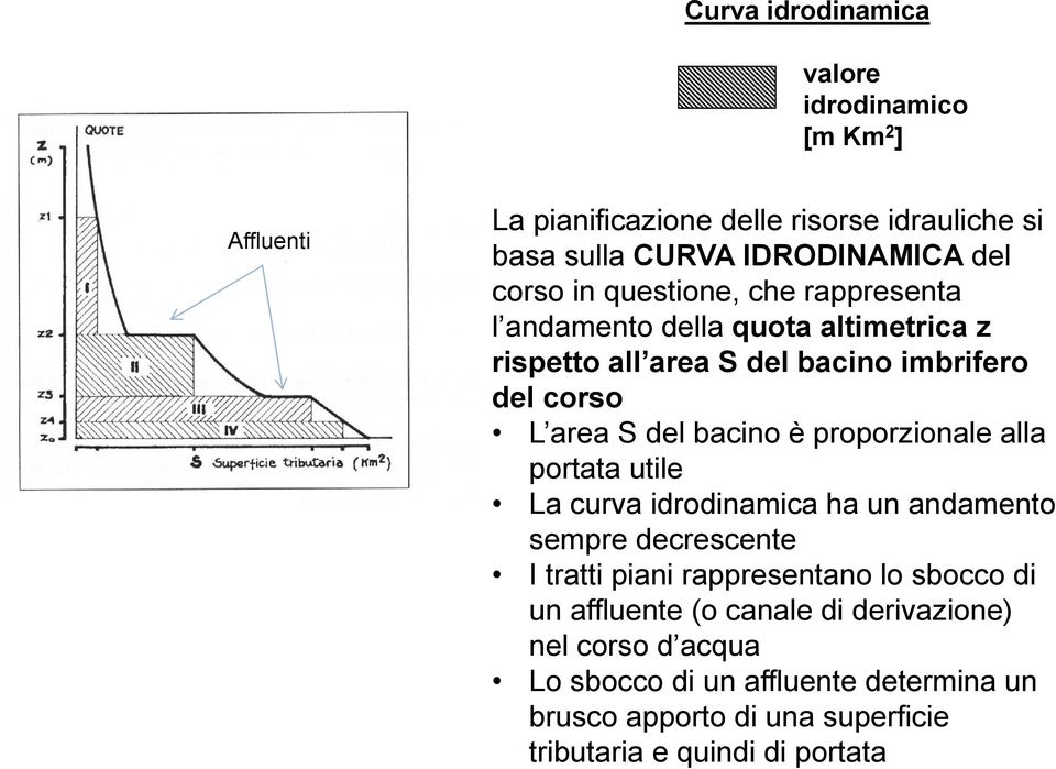 proporzionale alla portata utile La curva idrodinamica ha un andamento sempre decrescente I tratti piani rappresentano lo sbocco di un affluente