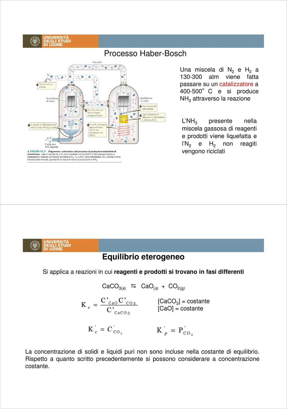 reagenti e rodotti si trovano in fasi differenti CaCO 3(s) CaO (s) + CO 2(g) c C C C C a O C O 2 C a C O 3 [CaCO 3 ] costante [CaO] costante c C C O 2 P C O 2 La