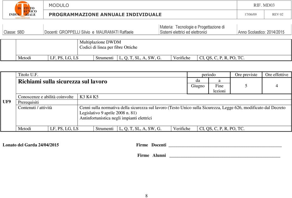 sul lavoro (Testo Unico sulla Sicurezza, Legge 626, modificato dal Decreto Legislativo 9 aprile 2008