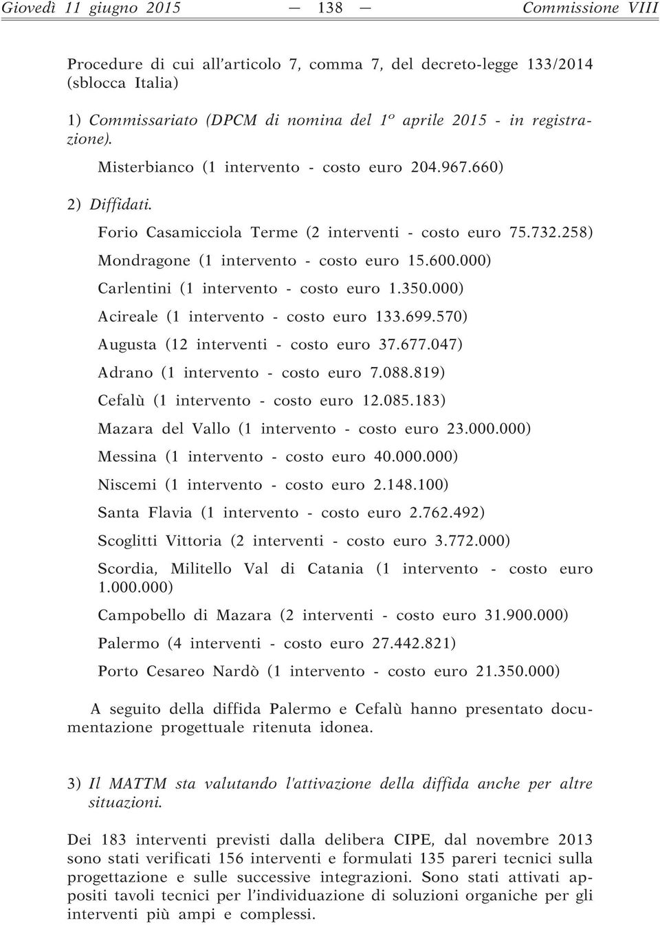 000) Carlentini (1 intervento - costo euro 1.350.000) Acireale (1 intervento - costo euro 133.699.570) Augusta (12 interventi - costo euro 37.677.047) Adrano (1 intervento - costo euro 7.088.