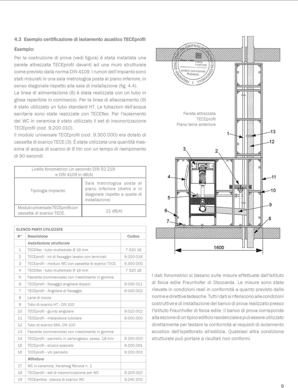 previsto dalla norma DIN 4109. I rumori dell'impianto sono stati misurati in una sala metrologica posta al piano inferiore, in senso diagonale rispetto alla sala di installazione (fig. 4.4).